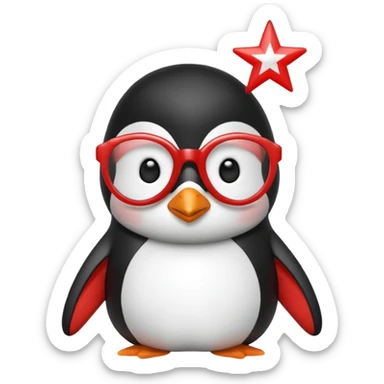 Pingüino color rojo con blanco y lentes en forma de estrella color celeste sticker