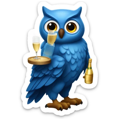 Blue owl holding a popped bottle of champagne  sticker