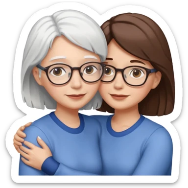 Abrazo de Madre con pelo blanco y gafas y hija con pelo morena sin gafas sticker