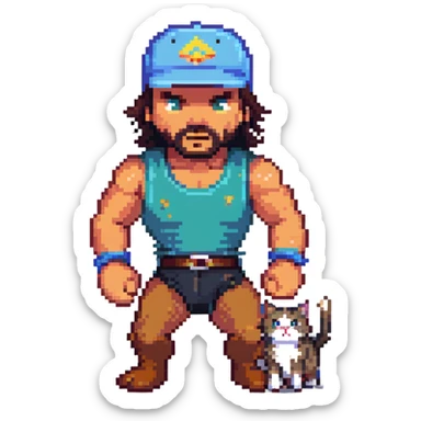 Razor Ramon from Sega WWF Mania video game defeating a cat wearing a cap, 16-bit style sticker