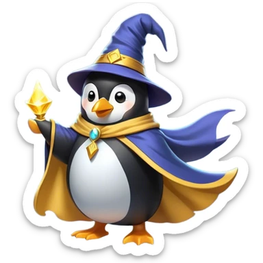 "A wizard penguin with a yellow hat and a long, flowing cape. The penguin is floating slightly above the ground, surrounded by swirling magical energy and glowing runes in the airyellow wizard hat sticker