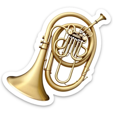Create an elegant and refined emoji representing the Arnolds & Sons AHR-563-TERRA horn. The design should feature the intricate, shiny brass body of the horn with its signature wide bell and beautifully coiled tubing. The horn should be highly polished with subtle accents that reflect its craftsmanship. Use golden brass tones and light reflections to highlight the luxury and sophistication of the instrument. Add delicate musical notes to evoke its melodic sound. The background should be transparent. sticker