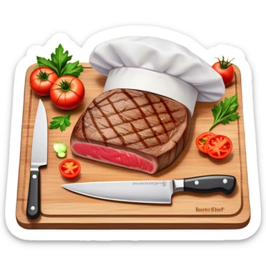 A photorealistic icon featuring a chef's hat, a cutting board with fresh ingredients, a knife, a plate with a well-plated dish, and a beautiful ribeye beef steak. Bright, detailed design with realistic textures and lighting. Transparent background, clearly symbolizing cooking and culinary arts. sticker