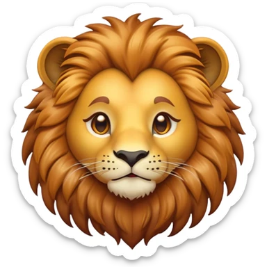 Cinematic Cute Lion Portrait Emoji, Head tilted playfully and inquisitively, featuring a glossy tawny Fur with a lush mane and round, sparkling amber eyes filled with curious mischief, Simplified yet irresistibly adorable features, highly detailed, glowing with a warm, friendly glow, high shine, affectionate and spirited, stylized with a touch of jungle whimsy, bright and endearing, soft glowing outline, capturing the essence of a mischievous yet loving lion, so playful it feels like it could pounce out of the screen and into your arms! sticker