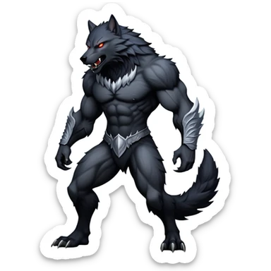 cinematic-noble-fierce-werewolf-full body-emoji, poised-and-imposing, with a tall, slender yet muscular frame inspired by the brutal, imposing shape of the beast from Berserk, fur rippling in shades of midnight black and silver, eyes glowing with an intense, primal ferocity, reflecting the untamed power of the wild moonlit night; rendered with realism sticker