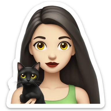 A teenage girl with white skin, she have some green hazel eyes, red lipstick, mid long straight dark brown hair, she have an eyeliner and she is holding a black cat that have some yellow eyes in her arms, view from close sticker