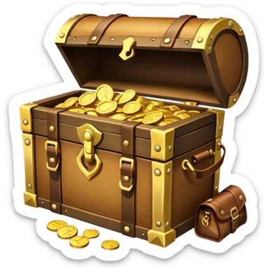 An icon showcasing a treasure chest filled with gold, a treasure map rolled up beside it, a backpack and shovel ready for the next adventure. The design captures the essence of treasure hunting, exploration, and excitement, set on a transparent background to emphasize the thrill of discovery. sticker