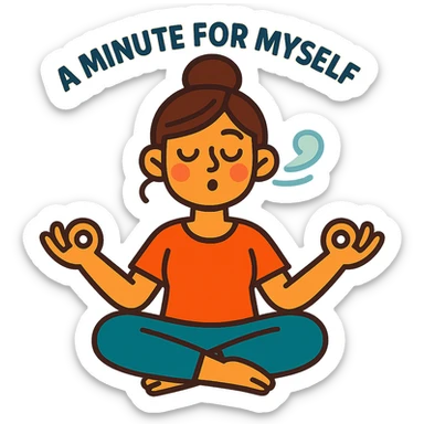 cute cartoon-style woman meditating, expressive, symbolizing a minute for myself, breathing, calm sticker