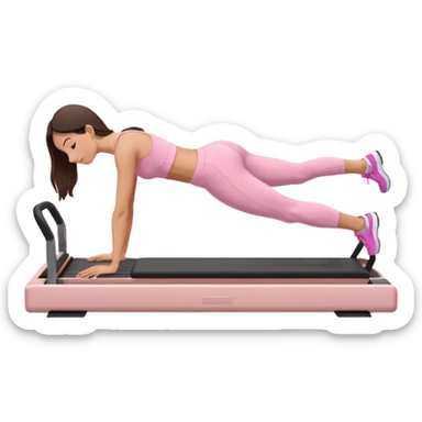 white brunette girl in light pink workout clothes doing a plank on a reformer sticker
