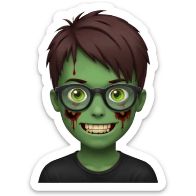 Zombie emo boy, green skin and brown hair, black glasses and a scary smile, scars and blood under eyes sticker