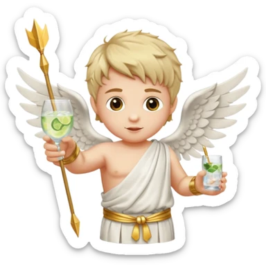 Cupid (with wings) with his arrow in his right hand, mixing a glass of Gin Tonic in his left hand sticker