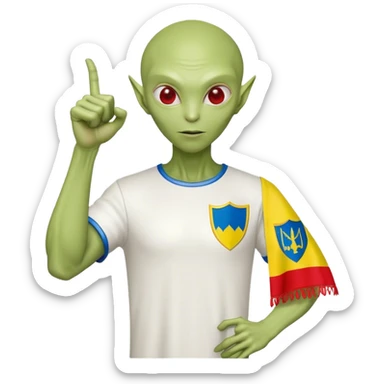 Green alien in Shirt 👚 vyshyvanka, white with red embodiary on sleeved, with 🇺🇦 Ukraine flag in a hand and 💪 sticker