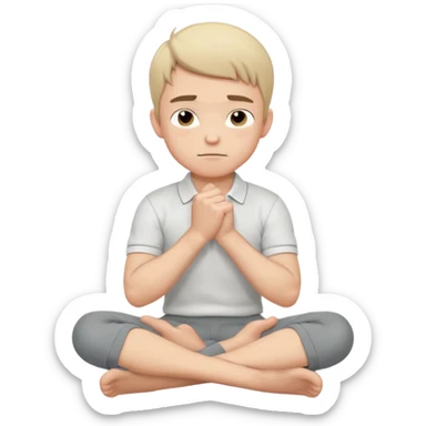 Cartoon boy sitting cross-legged, his fist pressed to his cheek, wearing a white polo and gray pants. He has a smug smirk, eyes looking forward. Clean lines, flat colors, solid black background, vector art, character sheet style. sticker