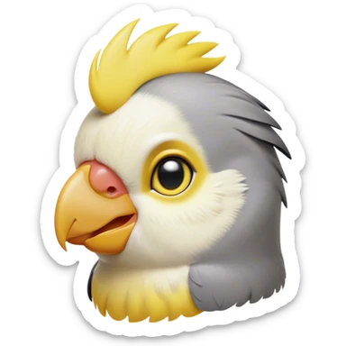 Cinematic Cute Cockatiel Portrait Emoji, Head tilted playfully and inquisitively, featuring a smooth grey fur with bright yellow accents and a perky crest, round, sparkling dark eyes filled with curiosity, Simplified yet irresistibly adorable features, highly detailed, glowing with a warm, friendly glow, high shine, affectionate and lively, stylized with a touch of whimsy, bright and endearing, soft glowing outline, capturing the essence of a mischievous yet loving cockatiel, so playful it feels like it could chirp out of the screen and into your arms! sticker
