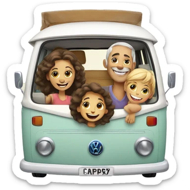 happy and smiling family in vw combi camper van sticker