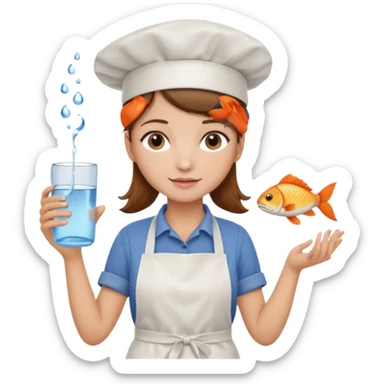 A girl with brown hair with a chef hat wearing an apron and holding a fish and a cup of water in another hand sticker