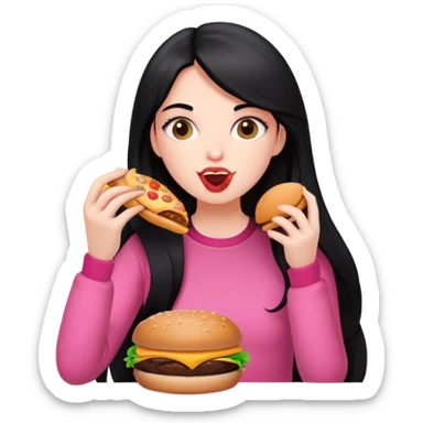 White girl in pink clothes and long black hair eating burger and pizza sticker