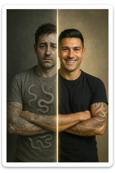 a man is depicted in two halves—on one side, he appears tired and weighed down, with faint, ghostly images of parasites visible inside his torso; on the other side, he is vibrant and healthy, with clear skin and bright eyes, the parasites gone. A visual transition or glowing line separates the two states, symbolizing recovery. sticker