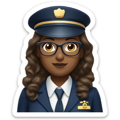 Emoji-style plus-sized flight attendant with wavy brown hair and golden eyeglasses, wearing a navy uniform, holding a heavy stack of caps. sticker