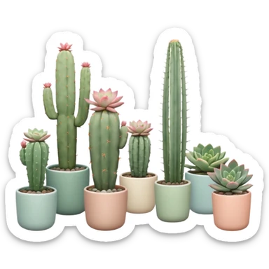 Ceramic pots in pastel colors, tall and short, cylindrical, square, and bowl-shaped, containing cereus cactus plants, hanging cacti, flowering cacti, echeveria succulents, sedum succulents, and graptopetalum succulents placed in a row on the floor sticker