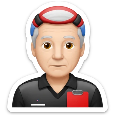 Older Referee – Experienced Look
 Wearing black jersey, gray hair, calm but firm, red card lifted halfway. sticker