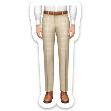 beige dress pants with distinct white grid pattern, formal trousers with clear white check pattern, cuffed hem, tailored pants with white plaid design, isolated garment only sticker