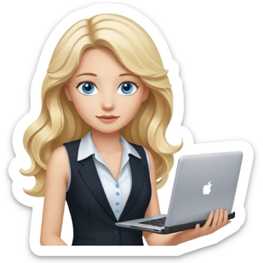 3D Apple-style emoji of a blonde woman whits long wavy hair, with bright blue eyes,
wearing a white sleeveless top,
holding a silver laptop,
clean white background, smooth rounded design
black suite sticker