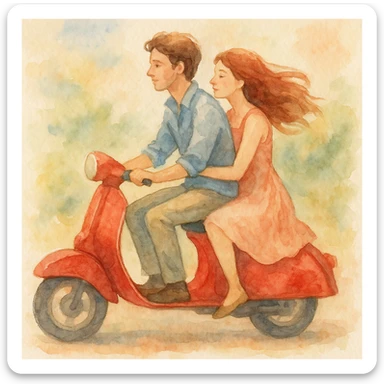 watercolour style illustration of a couple riding a scooter, soft colors, romantic atmosphere sticker
