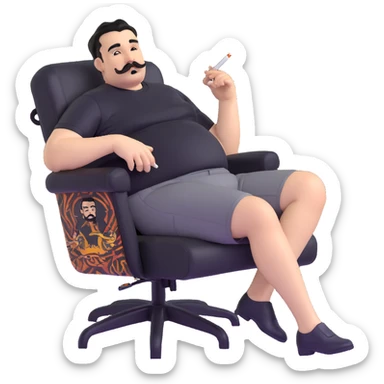 Large man reclining in chair, legs spread, smoking a cigarette, round face, very short black hair, well-groomed beard with mustache, light skin, black t-shirt with light stripes at top riding up to show belly, black shorts, arms covered in black graphic tattoo patterns with designs visible on forearms and shoulders sticker