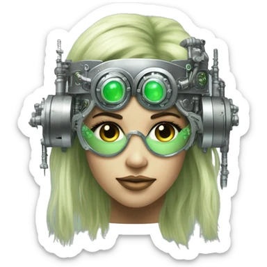 Light green long hair female cyborg head with silver steampunk goggles as a headband, circuits sticker