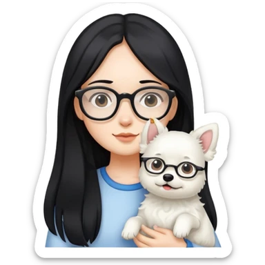 A girl with long black hair and glasses holding a white dog sticker