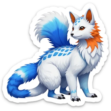 Rare realistic exotic white and neon-blue and neon-orange epic pretty beautiful handsome gorgeous aesthetic colorful vibrant Vernid-Trico-species-Fakemon-creature by LiLaiRa, 4 legs, 1 tail, random markings, (full body) tufted tail  sticker