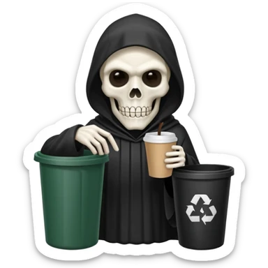 grim reaper with a coffee and trash can with papers  sticker