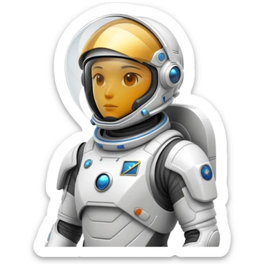 Futuristic astronaut in a high-tech spacesuit, sleek helmet with reflective visor, detailed sci-fi armor, heroic silhouette, dynamic diagonal motion lines sticker