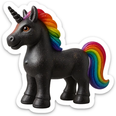 Add a shimmering rainbow mane and tail to the black unicorn-shaped candy in a photorealistic style, keep the background transparent. sticker
