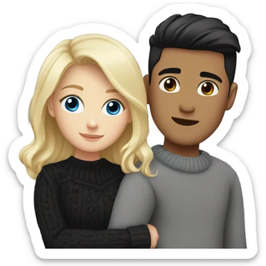 Blonde girl with blue eyes in black sweater and asian man with black hair and black eyes hugging sticker