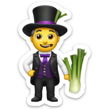 Make a Man holding a Leek wearing a tophat but the tophat has a purple band sticker