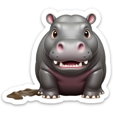 cinematic-hippo-realistic-full-body side view-standing on all fours-emoji,-massive-round-frame-partially-submerged-in-muddy-water,-wide-mouthed-grin-exposing-huge-teeth,-head-tilted-dramatically,-thick-greyish-brown-hide-glossy-from-water,-simplified-yet-realistic-focused-features,-highly-detailed,-glowing-with-an-almost-sarcastic-glow sticker
