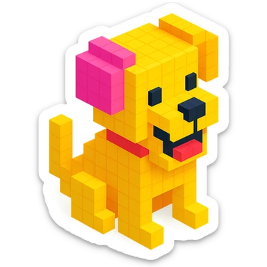 <SystemPrompt>
                <Style>
                  <Name>Voxel Emoji Art</Name>
                  <Description>A playful, isometric voxel style that mimics pixel art in 3D, commonly used for emojis, UI icons, and symbols. Rendered with bright, vibrant colors and no shadows.</Description>
                  <VisualRules>
                    <Geometry>
                      <BaseUnit>Cube</BaseUnit>
                      <GridAlignment>Isometric</GridAlignment>
                      <VoxelSize>Consistent</VoxelSize>
                    </Geometry>
                    <Color>
                      <Palette>Vivid and High Saturation</Palette>
                      <Gradient>Allowed on faces for subtle lighting</Gradient>
                    </Color>
                    <Lighting>
                      <Style>Soft studio lighting</Style>
                      <Shadows>Subtle ambient shadows</Shadows>
                    </Lighting>
                    <Detailing>
                      <Outline>None</Outline>
                      <Texture>Flat color (no texture noise)</Texture>
                      <Effects>None</Effects>
                    </Detailing>
                  </VisualRules>
                </Style>
                <Generation>
                  <PromptTemplate>
                    <![CDATA[
                      Render a voxel-style 3D illustration of a {subject}, using bright colors and blocky pixelated geometry. The object should appear playful and clean, similar to emoji aesthetics, with no shadows and no outlines. Lighting should enhance the 3D depth without harsh contrast.
                    ]]>
                  </PromptTemplate>
                </Generation>
              </SystemPrompt>
              {subject} = dog sticker