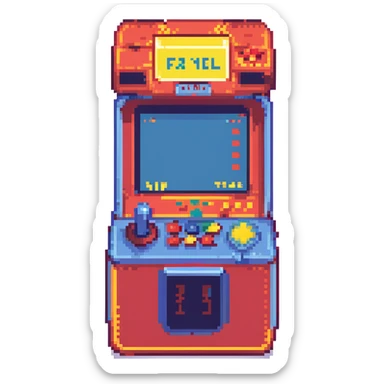 vintage arcade machine in neon-lit room, glowing pixelated fighting game on screen, vibrant red, blue, and yellow accents, classic joystick and buttons, reflective floor, dust particles, 80s nostalgia, cinematic lighting, cyber-retro mood sticker