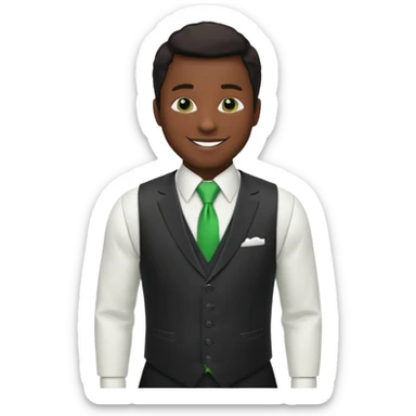 businessman, black skin, white suit vest, green tie sticker