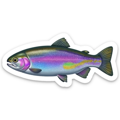 whole rainbow trout fish with spots facing left bright purple blue green yellow white sticker