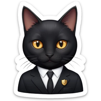 A black cat in a black suit and a badge with the inscription "PrimeCopy" sticker