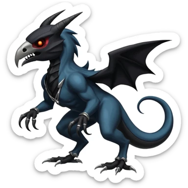 Shiny Dark Edgy  Duskull-Zoroark-Salandit-Inteleon-Amaura-Fakémon-hybrid-creature (full body) with a horned bird-skull-mask sticker