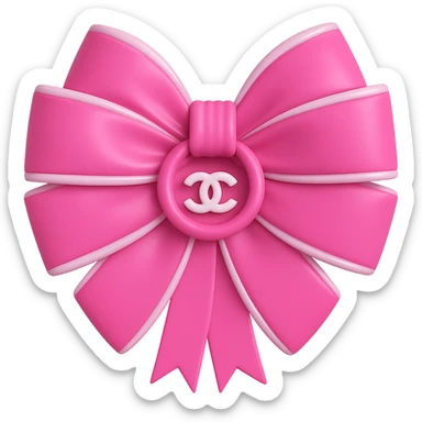 Make the Chanel logo small and white on the pink and white bow, keep it shiny, elegant, 3D emoji style, with no background. The style should resemble a 3D emoji with a shiny and elegant finish. sticker