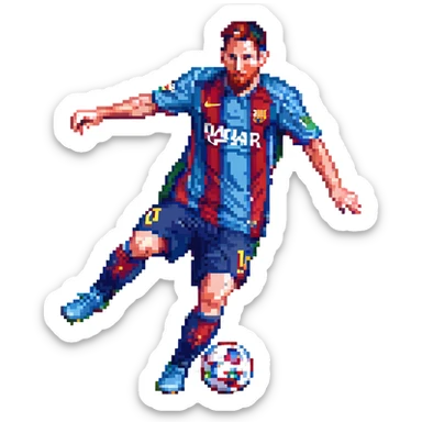Lionel Messi, football legend, dynamic pose, pixel art style sticker