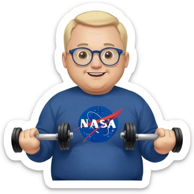 happy chubby man, lifts weights,  blond short and hight receding hairline, wearing a dark blue sweatshirt, nasa logo on the sweatshirt, round glasses without frame, 40 years old sticker
