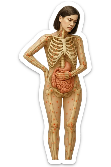 donna realistica a figura intera con red spot sparsi alle ossa, ossa del corpo visibili sul corpo, non sul volto iperrealistico 4k sticker