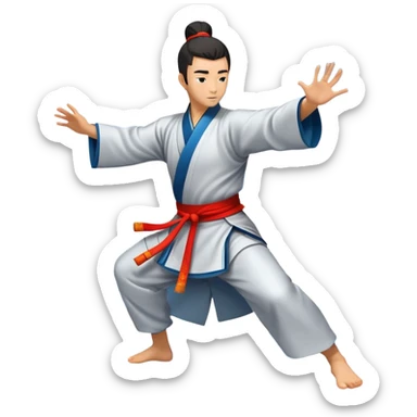 Emblem symbolizing Wushu martial arts. A graceful martial artist performs a dynamic kung fu pose, with flowing movements and a long, elegant robe. The background features stylized clouds and traditional Chinese symbols, representing fluidity, balance, and precision. Transparent background. sticker