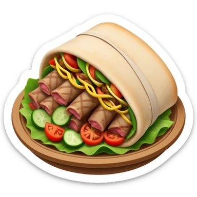 Cinematic Realistic Gyros Dish Emoji, showcasing succulent, spiced meat wrapped in pita with fresh vegetables rendered with lifelike detail and dynamic, appetizing lighting. sticker